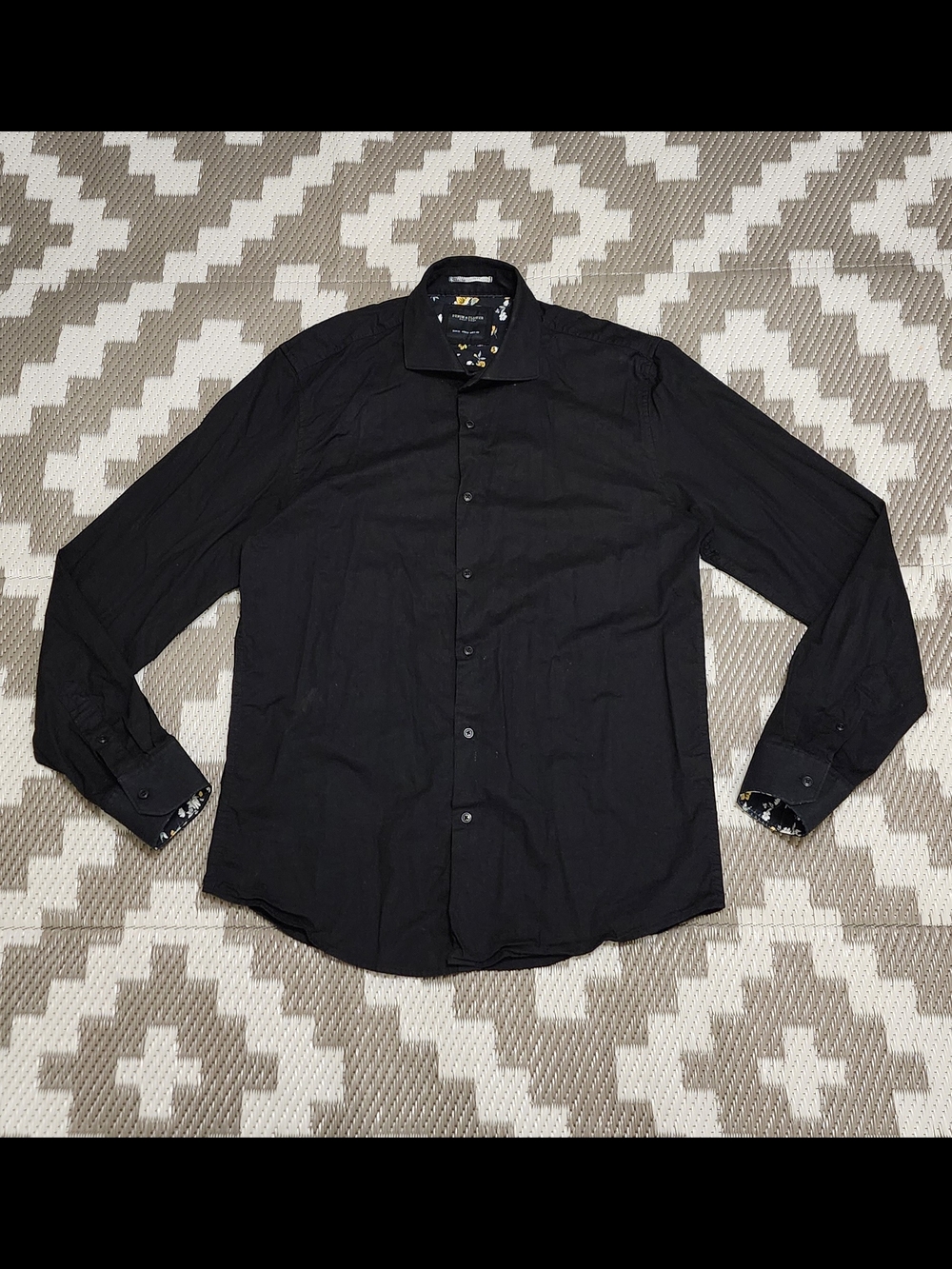 Denim & Flower Men's Black Long-Sleeve Button-Down Shirt with Patterned Cuffs